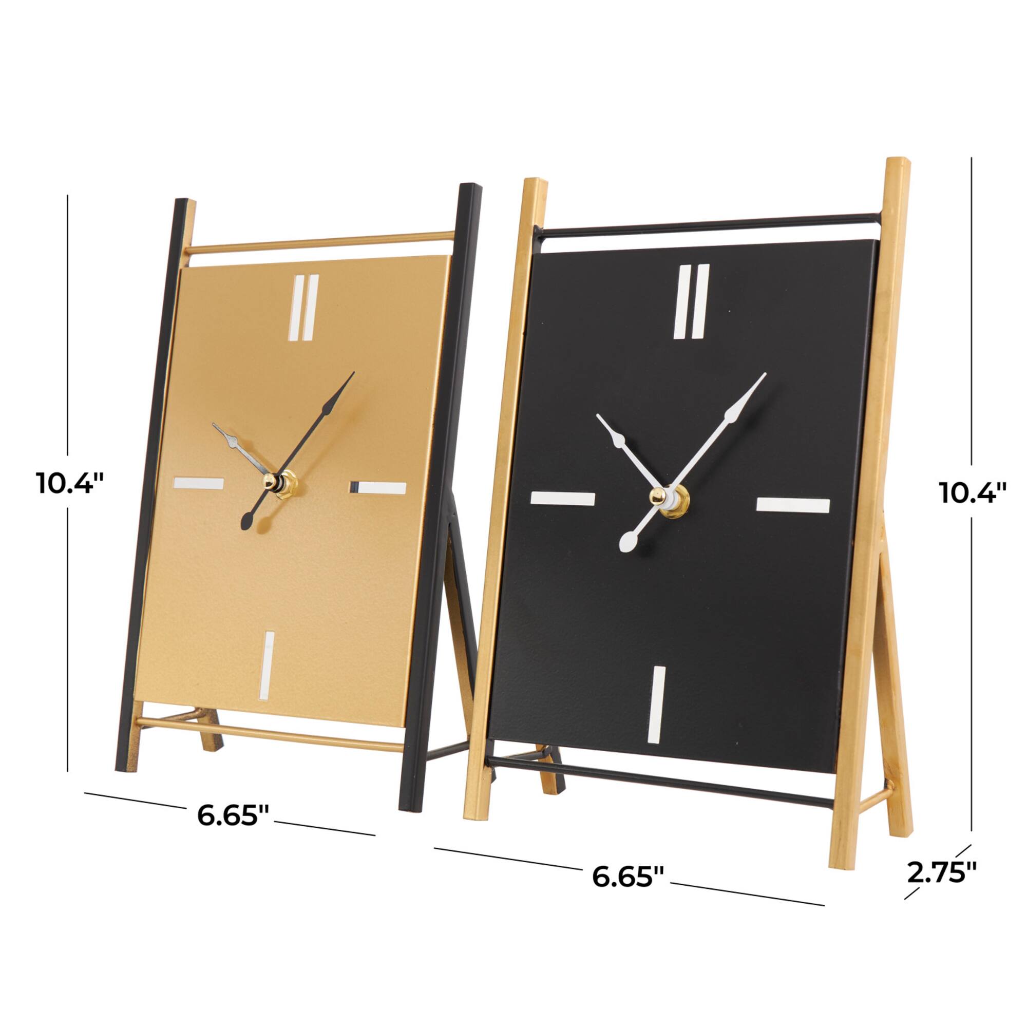 CosmoLiving by Cosmopolitan 10" Black Metal Rectangular Angled Clock Set with Gold Accents & Cutout Tick Hour Markers
